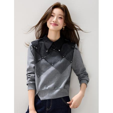 FA54067# 实法式撞色菱格蝴蝶结网纱拼接长袖T桖女设计感小众翻领套头卫衣 服裝批發女裝批發服飾貨源