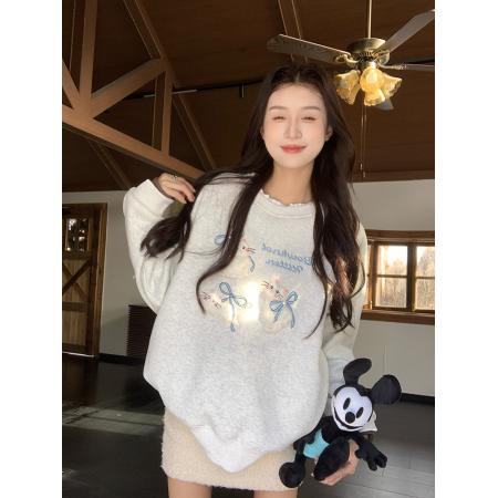 FA54068# 加绒卫衣秋冬潮新款宽松假两件刺绣花蝴蝶结圆领保暖上衣 服裝批發女裝批發服飾貨源