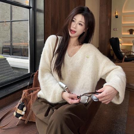 FA54069# 羊驼绒女装针织衫秋冬新款潮宽松小香风纯色V领保暖毛衣 服裝批發女裝批發服飾貨源