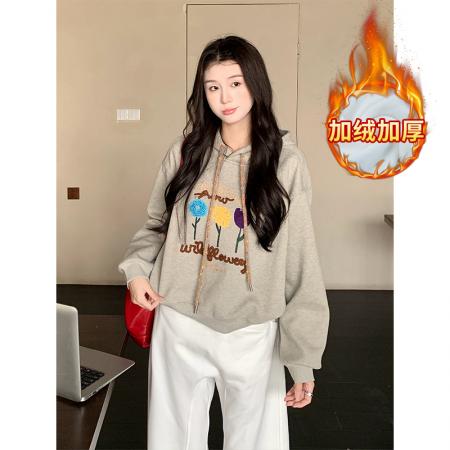 FA54070# 纯棉华棉复合奥粒绒卫衣女装秋冬新款刺绣花连帽保暖上衣 服裝批發女裝批發服飾貨源