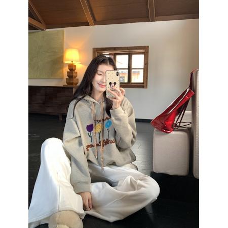 FA54070# 纯棉华棉复合奥粒绒卫衣女装秋冬新款刺绣花连帽保暖上衣 服裝批發女裝批發服飾貨源