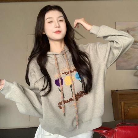 FA54070# 纯棉华棉复合奥粒绒卫衣女装秋冬新款刺绣花连帽保暖上衣 服裝批發女裝批發服飾貨源