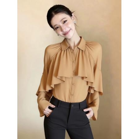 FA54072# 法式小资卡其色荷叶边衬衫女春季设计感独特漂亮气质高端上衣 服裝批發女裝批發服飾貨源