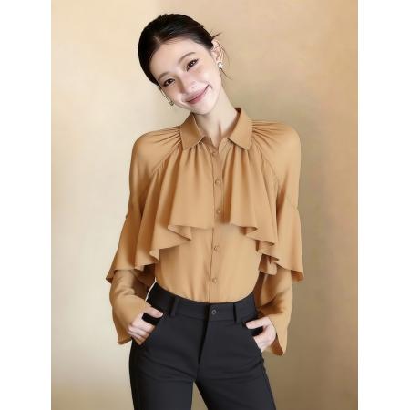 FA54072# 法式小资卡其色荷叶边衬衫女春季设计感独特漂亮气质高端上衣 服裝批發女裝批發服飾貨源