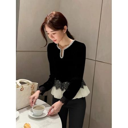 FA54074# 法式蕾丝拼接衬衫女冬高级感轻奢减龄洋气独特漂亮黑色丝绒上衣春 服裝批發女裝批發服飾貨源