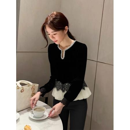 FA54074# 法式蕾丝拼接衬衫女冬高级感轻奢减龄洋气独特漂亮黑色丝绒上衣春 服裝批發女裝批發服飾貨源