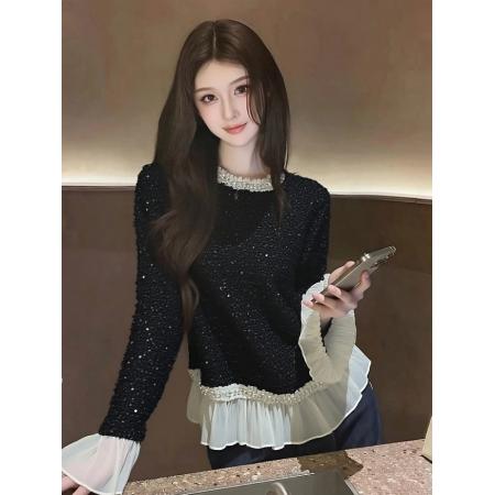 FA54075# 时尚洋气时髦设计感宴会叠穿上衣高级感黑色荷叶边亮片衬衫女冬季 服裝批發女裝批發服飾貨源