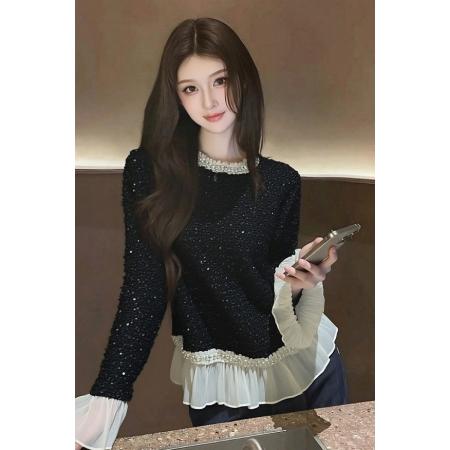 FA54075# 时尚洋气时髦设计感宴会叠穿上衣高级感黑色荷叶边亮片衬衫女冬季 服裝批發女裝批發服飾貨源