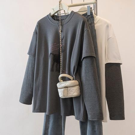 FA54076# 大码女装早春新款设计感减龄拼接假两件遮肚显瘦百搭上衣 服裝批發女裝批發服飾貨源