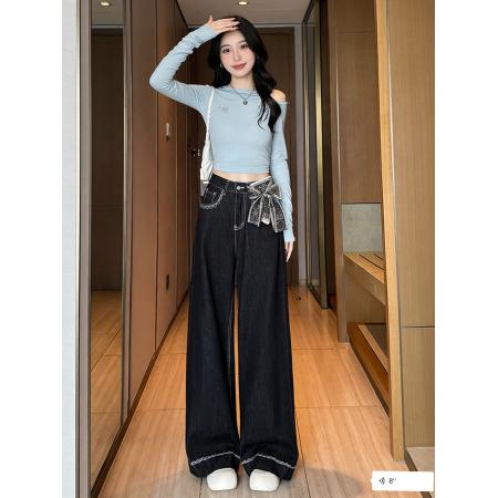 FA54077# 韩系丝巾蝴蝶结复古刺绣牛仔裤女高腰直筒宽松显瘦阔腿长裤子 服裝批發女裝批發服飾貨源