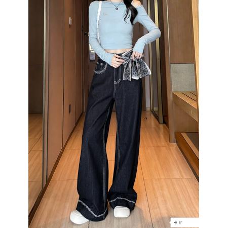 FA54077# 韩系丝巾蝴蝶结复古刺绣牛仔裤女高腰直筒宽松显瘦阔腿长裤子 服裝批發女裝批發服飾貨源