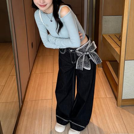 FA54077# 韩系丝巾蝴蝶结复古刺绣牛仔裤女高腰直筒宽松显瘦阔腿长裤子 服裝批發女裝批發服飾貨源