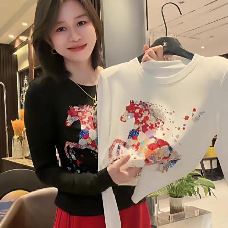 FA54079# 早春网红爆款洋气减龄磨毛T恤女重工烫钻彩色小马百搭上衣 服裝批發女裝批發服飾貨源