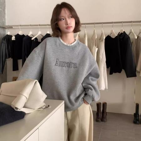 FA54080# 加绒卫衣女秋冬新款时尚洋气拼接木耳边宽松慵懒风小个子上衣 服裝批發女裝批發服飾貨源