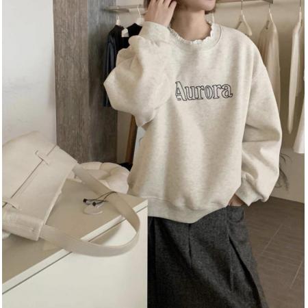 FA54080# 加绒卫衣女秋冬新款时尚洋气拼接木耳边宽松慵懒风小个子上衣 服裝批發女裝批發服飾貨源