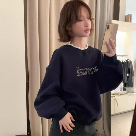 FA54080# 加绒卫衣女秋冬新款时尚洋气拼接木耳边宽松慵懒风小个子上衣 服裝批發女裝批發服飾貨源