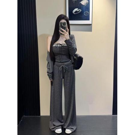 FA54081# 新款韩版时尚短款小开衫+吊带背心+松紧腰条纹阔腿裤三件套 服裝批發女裝批發服飾貨源