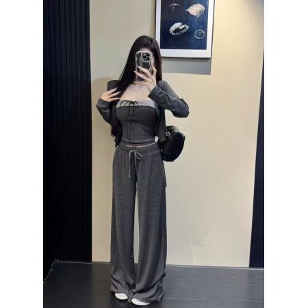 FA54081# 新款韩版时尚短款小开衫+吊带背心+松紧腰条纹阔腿裤三件套 服裝批發女裝批發服飾貨源