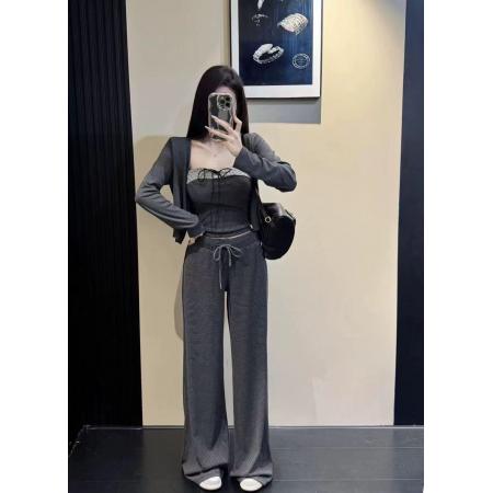 FA54081# 新款韩版时尚短款小开衫+吊带背心+松紧腰条纹阔腿裤三件套 服裝批發女裝批發服飾貨源