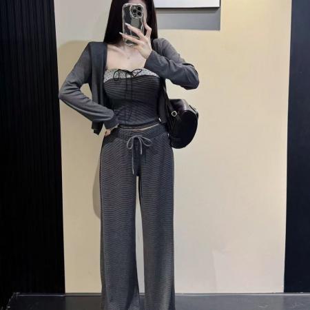 FA54081# 新款韩版时尚短款小开衫+吊带背心+松紧腰条纹阔腿裤三件套 服裝批發女裝批發服飾貨源