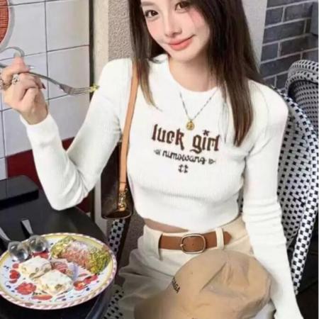 FA54082# 美式复古辣妹高腰露脐短款针织上衣女修身打底衫内搭春秋长袖t恤 服裝批發女裝批發服飾貨源