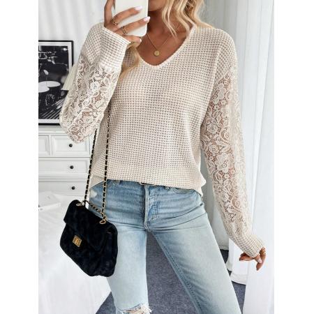 FA54083# 跨境外贸春季新款优雅女式纯色V领蕾丝拼接长袖T恤上衣女 服裝批發女裝批發服飾貨源