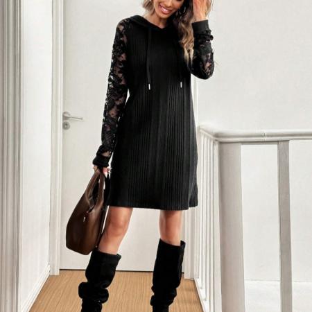 FA54085# 跨境外贸春季新款优雅女式蕾丝拼布插肩袖抽绳连帽休闲连衣裙 服裝批發女裝批發服飾貨源