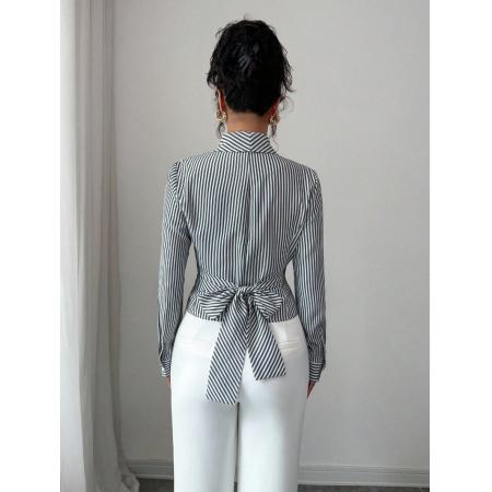 FA54086# 欧美跨境外贸春季新款纹衬衫式不规则金属异形扣邦带上衣女 服裝批發女裝批發服飾貨源