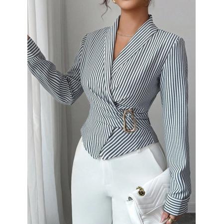 FA54086# 欧美跨境外贸春季新款纹衬衫式不规则金属异形扣邦带上衣女 服裝批發女裝批發服飾貨源