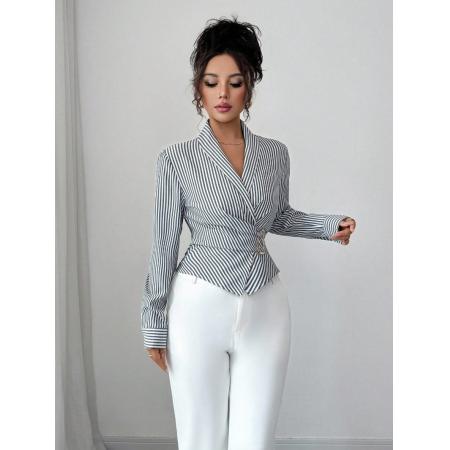 FA54086# 欧美跨境外贸春季新款纹衬衫式不规则金属异形扣邦带上衣女 服裝批發女裝批發服飾貨源