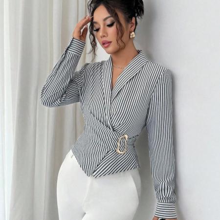 FA54086# 欧美跨境外贸春季新款纹衬衫式不规则金属异形扣邦带上衣女 服裝批發女裝批發服飾貨源