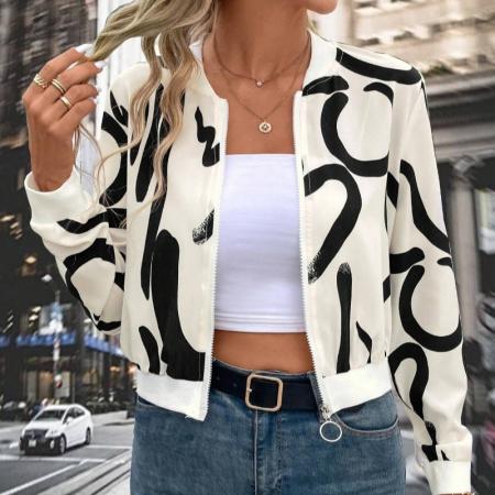 FA54087# 跨境外贸春季优雅女式图案印花拉链棒球夹克休闲上衣外套 服裝批發女裝批發服飾貨源