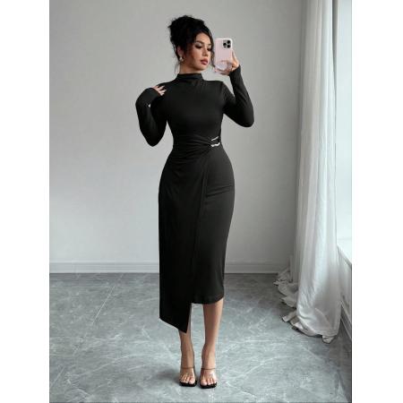 FA54088# 欧美跨境外贸春季新款小立领针织纯色修身显瘦金属扣连衣裙 服裝批發女裝批發服飾貨源