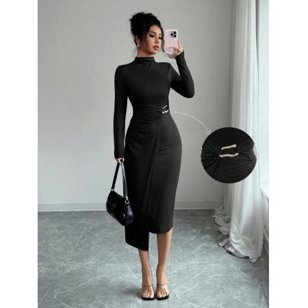 FA54088# 欧美跨境外贸春季新款小立领针织纯色修身显瘦金属扣连衣裙 服裝批發女裝批發服飾貨源