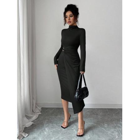 FA54088# 欧美跨境外贸春季新款小立领针织纯色修身显瘦金属扣连衣裙 服裝批發女裝批發服飾貨源