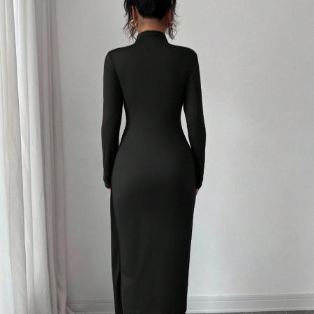 FA54088# 欧美跨境外贸春季新款小立领针织纯色修身显瘦金属扣连衣裙 服裝批發女裝批發服飾貨源