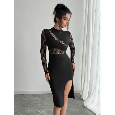 FA54089# 欧美跨境外贸春季新款女士纯色撞色蕾丝开衩性感紧身连衣裙 服裝批發女裝批發服飾貨源