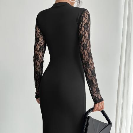 FA54089# 欧美跨境外贸春季新款女士纯色撞色蕾丝开衩性感紧身连衣裙 服裝批發女裝批發服飾貨源