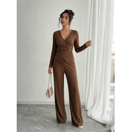 欧美跨境外贸春季新款纯色V领交叉长袖金属装饰T恤长裤套装 服裝批發女裝批發服飾貨源