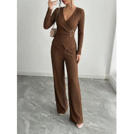 FA54091# 欧美跨境外贸春季新款纯色V领交叉长袖金属装饰T恤长裤套装 服裝批發女裝批發服飾貨源