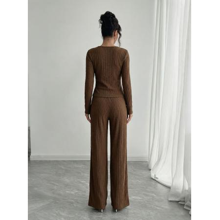 FA54091# 欧美跨境外贸春季新款纯色V领交叉长袖金属装饰T恤长裤套装 服裝批發女裝批發服飾貨源