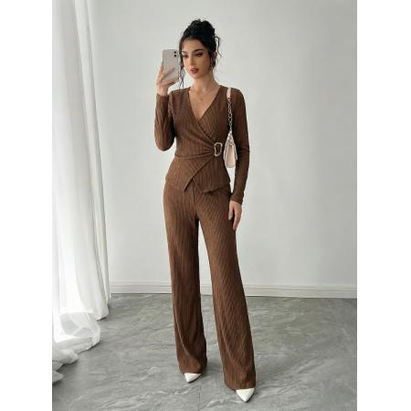 FA54091# 欧美跨境外贸春季新款纯色V领交叉长袖金属装饰T恤长裤套装 服裝批發女裝批發服飾貨源