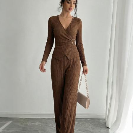 FA54091# 欧美跨境外贸春季新款纯色V领交叉长袖金属装饰T恤长裤套装 服裝批發女裝批發服飾貨源