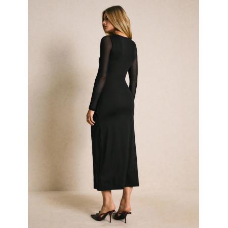 FA54092# 欧美跨境外贸春季新款拼接网纱袖金属扣装饰时尚洋气连衣裙 服裝批發女裝批發服飾貨源