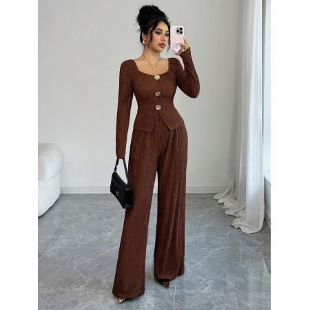 FA54093# 跨境外贸新款针织玑理纹纯色大方领金属玫瑰扣修身时尚套装女 服裝批發女裝批發服飾貨源