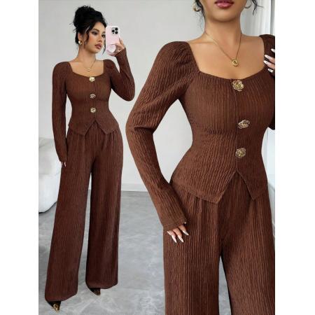 FA54093# 跨境外贸新款针织玑理纹纯色大方领金属玫瑰扣修身时尚套装女 服裝批發女裝批發服飾貨源