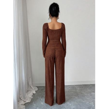 FA54093# 跨境外贸新款针织玑理纹纯色大方领金属玫瑰扣修身时尚套装女 服裝批發女裝批發服飾貨源