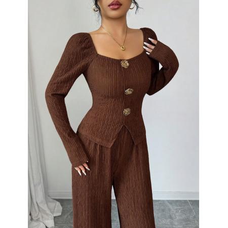 FA54093# 跨境外贸新款针织玑理纹纯色大方领金属玫瑰扣修身时尚套装女 服裝批發女裝批發服飾貨源