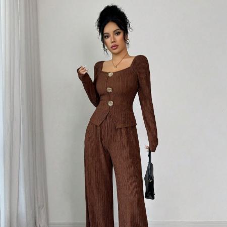 FA54093# 跨境外贸新款针织玑理纹纯色大方领金属玫瑰扣修身时尚套装女 服裝批發女裝批發服飾貨源