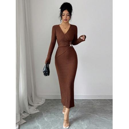 欧美跨境外贸新款交叉领针织肌理纹纯色修身显瘦连衣裙女冬 服裝批發女裝批發服飾貨源